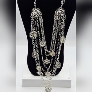 WHITE HOUSE BLACK MARKET Vintage Multilayered Charm Necklace Silver Tone